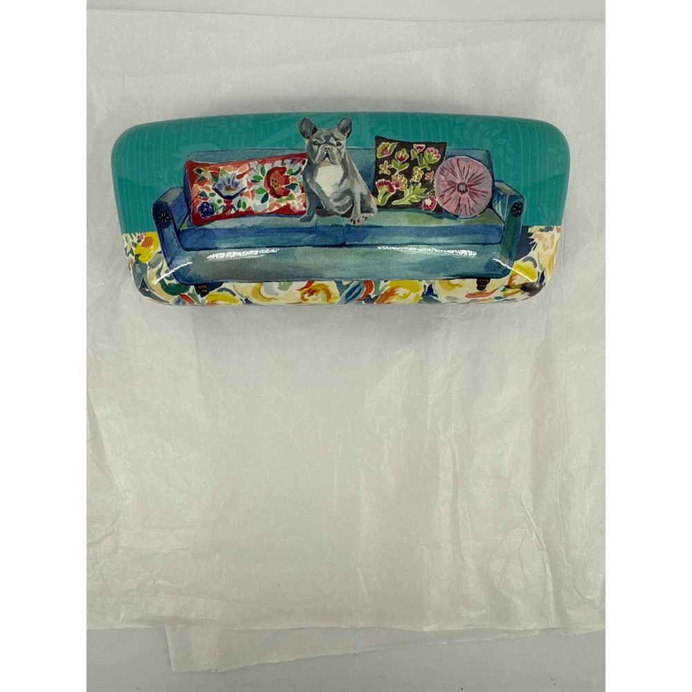 Punch Studio French Bulldog Couch Eyeglass Case Hard Shell Blue Floral